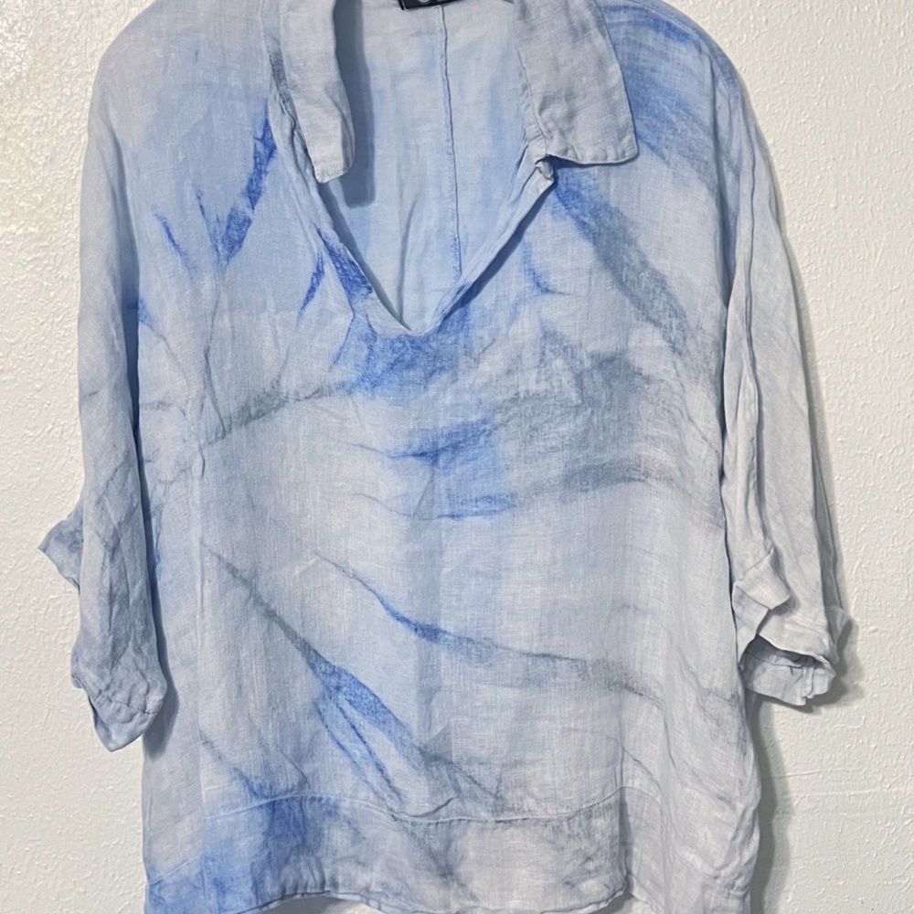 M Brand Made in Italy 100% Linen Chic Blue Tie-Dye Button Down Shirt Lagenlook
